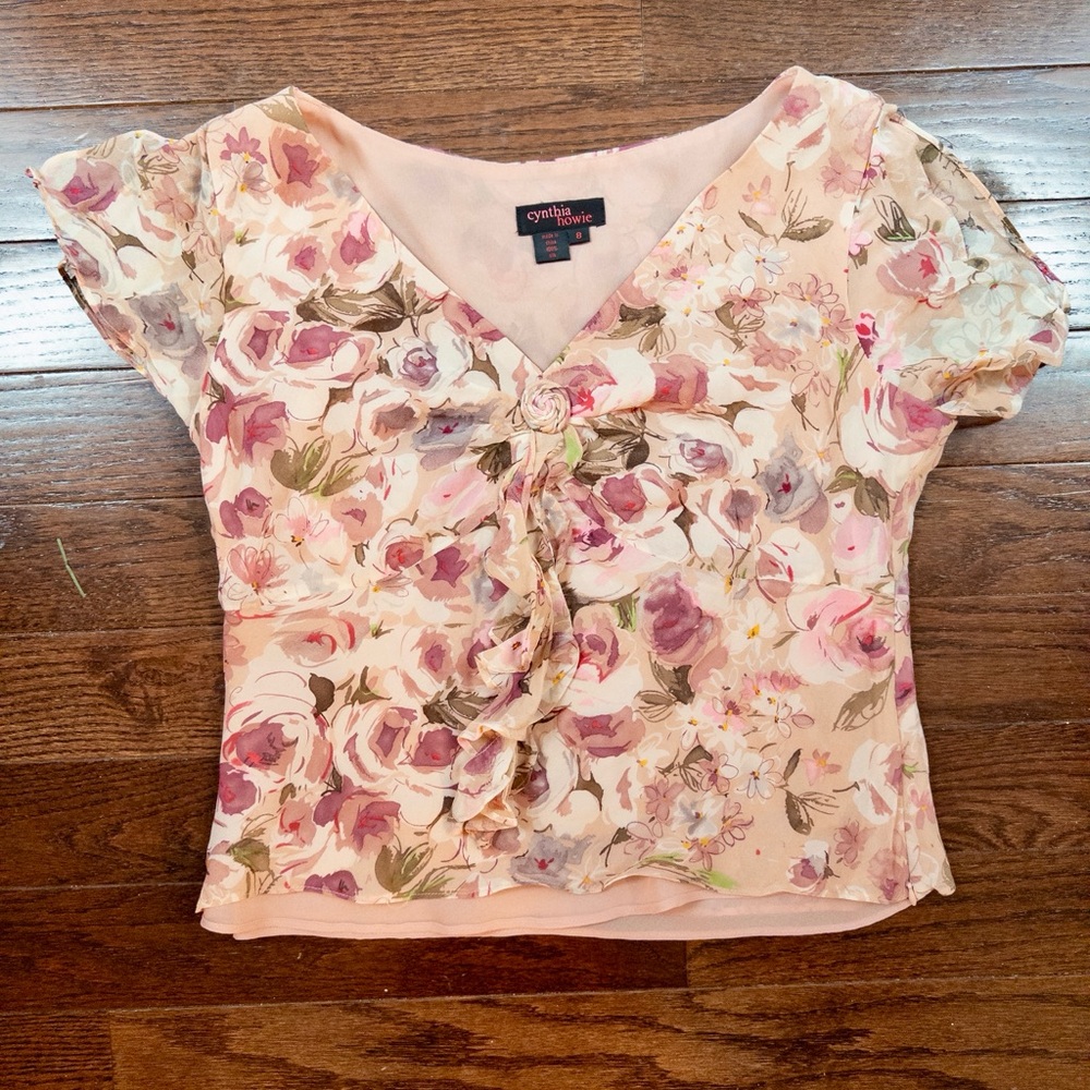Cynthia Howie Silk Blouse Size 8 Vintage Floral Ruffle Front Pink 90s - Picture 7 of 9